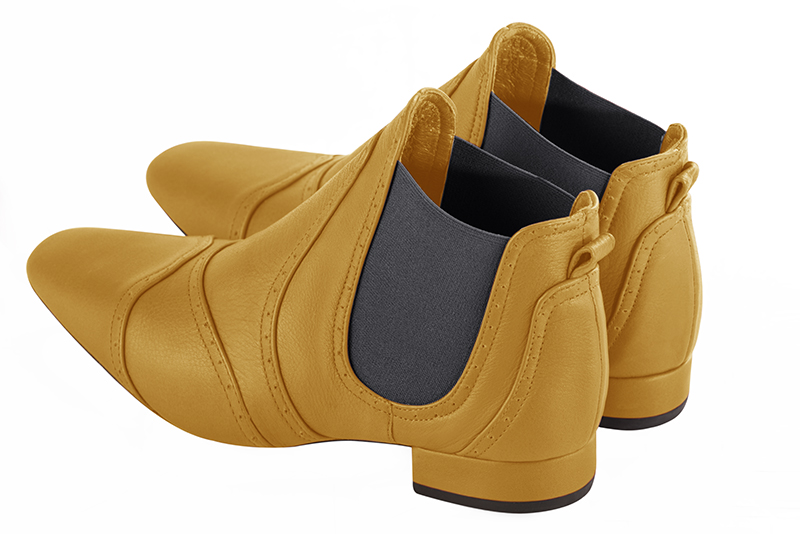 Women's mustard yellow and ash grey elegant Chelsea ankle boots, with side elastics. Square toe. Flat block heels - Rear view